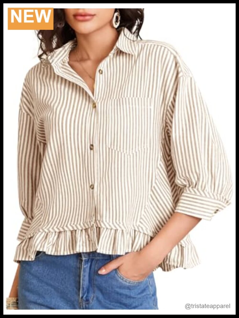 Women's Striped Cotton Button Down Shirt Cropped Ruffle Hem 3/4 Sleeve Casual